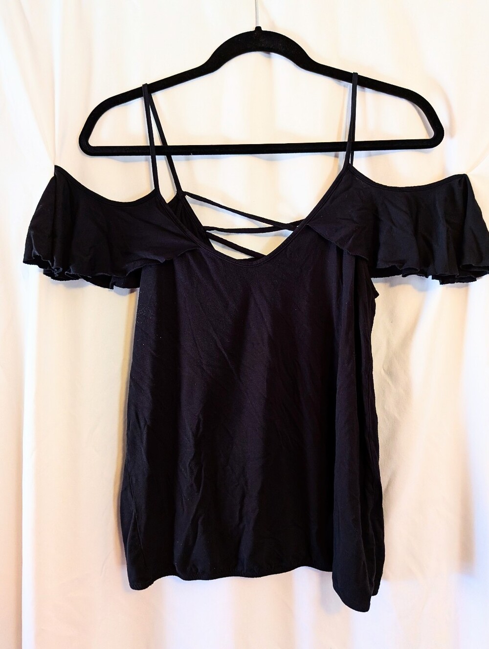 Venus Black Cold-Shoulder Ruffle Top with Strappy V-Neck Sz. M